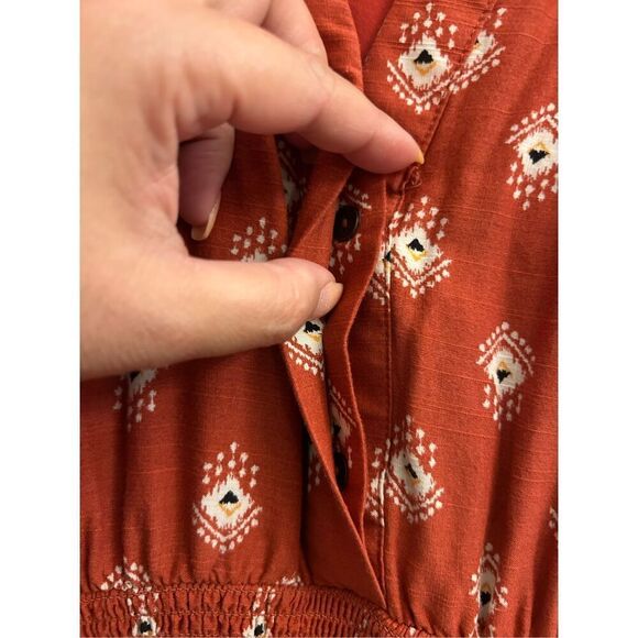 Anthropologie Boho Rust Red Smocked Waist Midi Dress sz S Petite – Geometric Blo - Picture 14 of 15